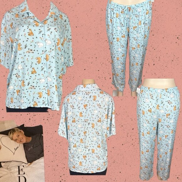 Ed Ellen Degeneres L Cat Floral Print Button Short Sleeve Top-Ankle Pants PJ Set - Picture 1 of 11